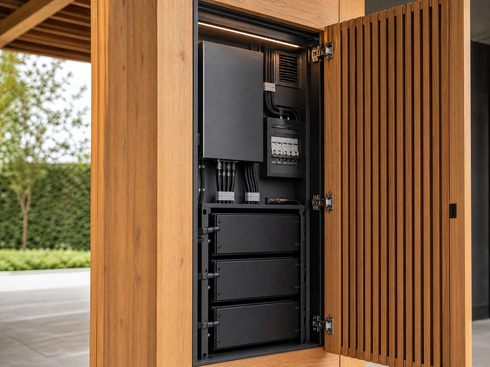 Close detail of a CAROSOLARO glulam column meeting the roof beam, with the energy cabinet integrated