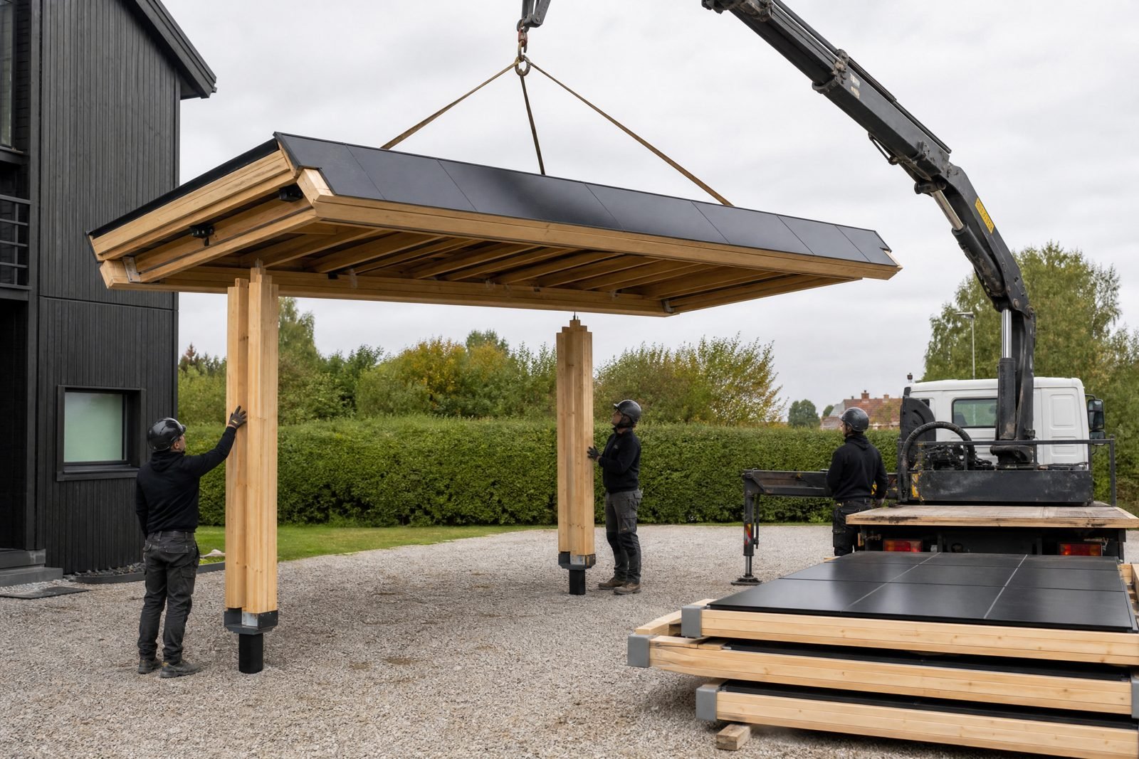 A crane lowering a prefabricated CAROSOLARO roof cassette onto erected timber columns